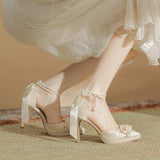 Flower Bow Pearl Chain Waterproof Platform Heel Heels Not Tired Wedding Shoes High