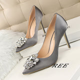 Breakj Korean Version Of Water Diamond Women's Shoes Thin Heel High Heel Sexy Show Thin Shallow Mouth Pointed Shiny Water Diamond With Buckle Single