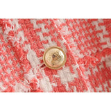 Women Fashion Sashes Plaid Tweed Jacket Stylish Chic Red Button-up Coats Girls Chic Outerwear Casual