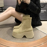 Women Platform Ankle Boots Suede Black Khaki Elastic Thin Boots Chunky High Heel Slip on Gothic Short Botas