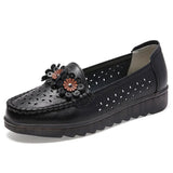 Women Female Ladies Mother Genuine Leather Shoes Flats Loafers Platform Hollow Slip On Summer Cool Flowers
