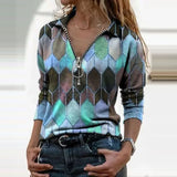 Slim Fashion Women Autumn Geometric Print V Neck T-shirts Casual Long Sleeves Zipper Pullover Elegant Streetwear Female