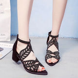 2020 New Style Women Summer Hollow Out Faux Leather Rhinestones Thick Heel Zipper Sandals Shoes