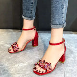 Sandals with Low Heels Women Sandals 2022 Summer Shoes Women Open Toe Crystal Chunky Sandals Heels Women Gold