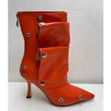 Breakj New High Heel Pointed Metal Rivet Jeans Splicing Two Wear Pile And Knee Boots Large Size Women's
