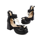 Women Sweet Lolita Summer Shoes Chuncky Heel Elegant String Bead Bow Lace Edge Rear Cover Sandals Pink Princess Cosplay