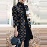 Winter New Fashion Women Stand Collar Print Jackets Casual Long Sleeves Elegant Office Lady Cardigan Slim Buttons