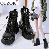 Toe Med Heel Boots Women Shoes Autumn Boots-women Booties Ladies Lace Up Luxury Designer Lolita Black 2021 Rubber