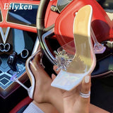 PVC Transparent Crystal Sun Flowers Buckle Womens Slippers Summer Square Toe Ladies Strange High Heels Sandals
