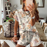 Women Tie Dye Set Short Sleeve Top Shirt Loose And Biker Shorts Casual Two Piece Sets Female Homewear Outfits
