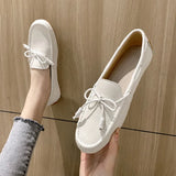 Bowtie Mocasines Woman Genuine Leather Flats Cowhide Single Shoes Ladies Daily Walking Driving Loafers Pregnant