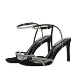 Summer New Women Sandals Fairy Style Square Head Silver Rhinestone Slim Band Temperament One Word Band Versatile High