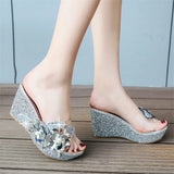 2022 Summer New Wedges Sandals Women Sexy Crystal Transparent High Heels PVC Slippers String Bead Slippers Fashion