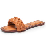 Weave Slippers Flat Sandals Open Toes Square Soft Green Foot Pad Leisure Large Size 37-42 Flip Flops Office Women