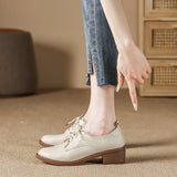 Med-High Heels Oxford Shoes Woman Lace-Up Sneakers Solid Leather Brogues Ladies All Match Loafers Office Dress Flats