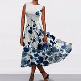 Women Spring O Neck High Waist Long Boho Dress Vintage Plants Print High Waist Office Dress Summer Sleeveless Tank Maxi