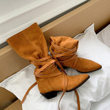 On Med Calf Boots Woman Simple Pleated Shoes Cow Suede INS Hot Botas Korea Cross-Tied Spring Autumn Woman Boots Pointed