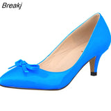 Women Sexy Low Mid Kitten Heels Shoes PU Patent Leather Pointed Toe Work Pumps With Bowknot wedding shoes