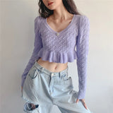 Knit Crop Sweater V Neck For Women Ruffles Long Sleeve Waist Korean Fashion Slim Pullover Diamond Warm Jumper