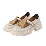 EDEELVEEYS INS ZA Women Genuine Leather Thick Sole Shoes T Strap Tassel Round Toe Lady Footwear Spring Autumn Mary Janes