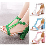 Breakj Cm Light Mouth With Beaded Square Sandals White Lace Beaded Bride Wedding Shoes Coarse Sandals