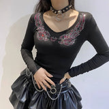 Autumn V Neck Basic Black Long Sleeve T Shirt Casual Autumn Rhinestone Print Crop Top Tshirt Woman Fashion