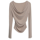 Real Shooting 褶皱 Irregular Swing Long Sleeve T-Shirt Women's Autumn/Winter New Dressed T-Shirt With A Top