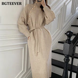 2020 Winter Turtleneck Buttons Women Knitted Mid-length Dress Elegant Lace-up Loose Female Sweater Dress Long