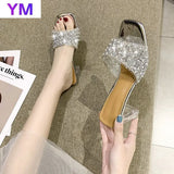 Silver Champagne Women's Sandals Summer New Shoes Pearls Clear Heel Open Toe Comfort Pvc Sexy Square Heel Zapatillas Casa
