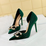 Breakj Banquet High Heels Fine Heel Shallow Mouth Tip Side Hollow Out And Thick Suede Water Diamond Button Bow Single
