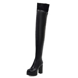 Sexy Lace Thigh High Boots For Plus Size Women Platform Shoes Over The Knee Boots Stretch Fabric Black Leather Winter