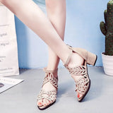 2020 New Style Women Summer Hollow Out Faux Leather Rhinestones Thick Heel Zipper Sandals Shoes