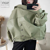 New Autumn Women Faux Leather Jacket Vintage Boyfriend Style Coat Batwing Sleeve Short Motor PU Jackets Biker