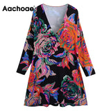 Women Sexy Deep V Neck Mini Dresses Vintage Floral Printed Long Sleeve A Line Dresses Female Chic Dresses With Back
