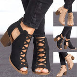2020 Women Square Heel Sandals Peep Toe Hollow Out Chunky Gladiator Sandals With Strap Black Spring Summer Shoes