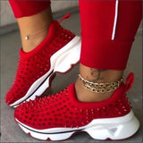 Vulcanized Sneakers Slip On Thick Sole Wedge Platform Red Black Rhinestone Rivet Autumn Winter Female Shoes Size