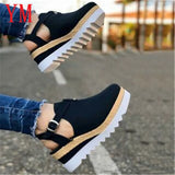 Bow Spring Summer Shoes Women Hemp High Heel Platform Outdoor Leisure Buckle Slippers Beach Sandals Ladies Sexy T-Strap