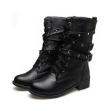 2023 New Women Rivets Buckle Winter Motorcycle Boots British Style Gothic Punk Med Heel Black Boot