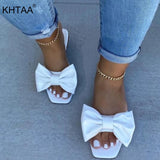 Female Bowknot Slippers Square Toe Fashion Soft PU Flat Leather Women Outside Beach Causal Slides Ladies Shoes Woman