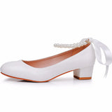 Breakj 3 Cm Square-Head Single Shoe With A Single Shoe Buckle Mary Jane White Shoes Beads Ribbon Wedding