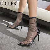 Crystal Transparent PVC Mesh Upper Ankle Boots for Women Pointed Toe High Heels Shoes Woman Zapatos De Mujer