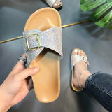 Sandals Fashion Metal Buckle Slippers 2021 New Female Chunky Shoes Women Flat Slip On Black PU Leather Platform