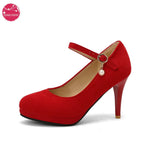 Women Super High Heel Suede Leather Dress Shoes Casual Platform Vintage Mary Janes Pumps Strap Buckle Thin Heels Large Plus