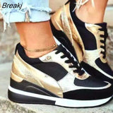 Spring Autumn Winter New Color Matching Low-top Daily Black Gold Breathable Round Toe Women Slope Heel Casual Female