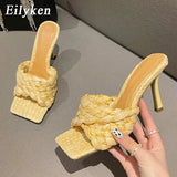 2022 New Summer Design Weave Square Toe Heels High Quality Slippers Gladiator Beach Womens Sandal Slides