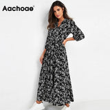 Vintage Floral Print Maxi Dress Women Boho Three Quarter Sleeve Long Dress Turn Down Collar Casual Shirt Dresses