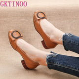 2021 Genuine Leather Square Toe Pumps Women Shoes Low Heel Shallow Round Buckle Slip-On Leather Casual Shoes For