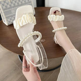Summer Slippers Clear Pearls Pleated Med Heel Slides Fashion Round Ball Heel Slipper for Party Shoes Women Sandals Women