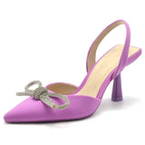 Brand Rhinestones Bowknot Women Sandals Elegant Thin High heels Flock Slingbacks Summer Office Lady Shoes Purple