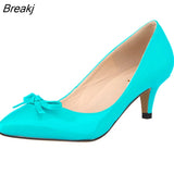 Women Sexy Low Mid Kitten Heels Shoes PU Patent Leather Pointed Toe Work Pumps With Bowknot wedding shoes